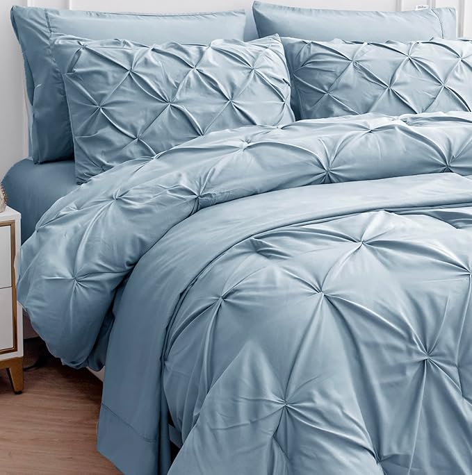 LANE LINEN Bedding Comforter Set Full Size, 7 Piece Full Size Bed in a Bag Set, Soft Bedding Sets Full Size, Pintuck Full Bed Set, Full Comforter Sets with Sheets, Pillowcases & Shams - French Blue