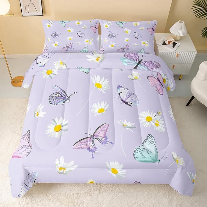 Butterfly Comforter Set for Kids Teens Girls Women,Daisy Kids Comforter,1 Comforter with 2 Pillowcase, Microfiber 3 Piece Bedding Set,for All Seasons(Purple，King Size)