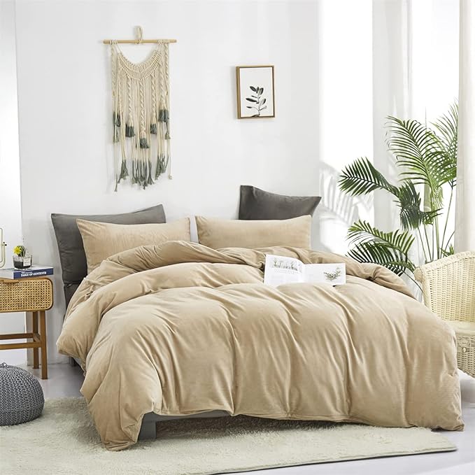 Wellboo Beige Velvet Comforter Sets Full Solid Cream Coffee Fluffy Bedding Comforters Luxury Champagne Flannel Quilts Women Men Light Taupe Fuzzy Blankets Modern Minimalist Khaki Tan Sherpa Plush Bed
