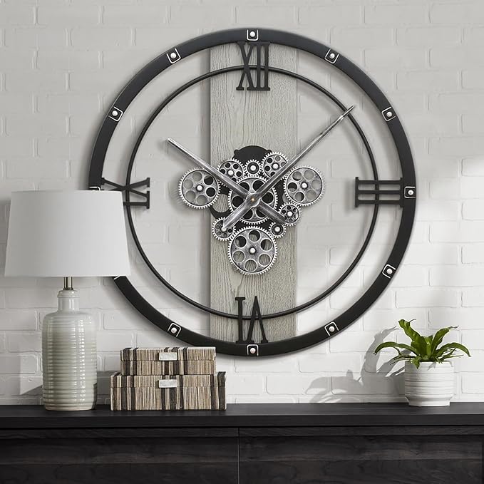 Micasso 24 inch Large Real Moving Gears Wall Clock: Black Industrial Steampunk Roman Numeral Clock - Modern Wall Decor for Living Room/Entryway/Office