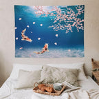Japanese Koi Fish Tapestry, Cherry Blossoms Asian Oriental Blue Floral Branch Koi Fish Carp Tapestries Wall Hanging for Bedroom Living Room Office Decor 40"x30"