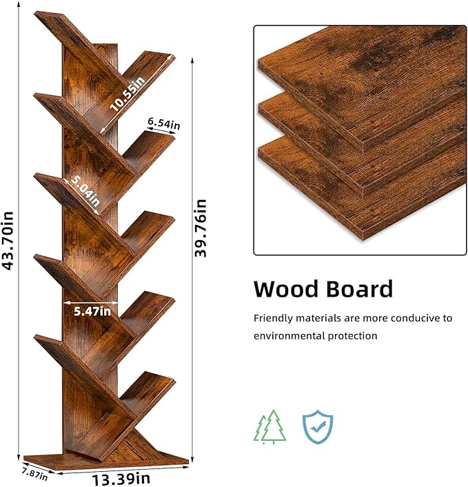 10 Tier Tree Book Shelf, Floor Standing Wood Bookshelf for Narrow Space, Storage Organizer Bookshelves for Books/CDs/Magazine, Bookcase with Shelves for Home Office, Living Room - Brown