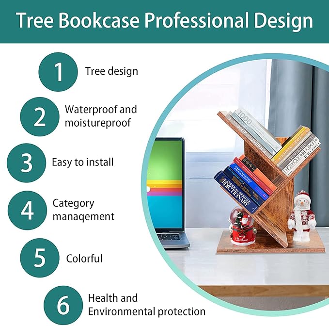 Tree Bookshelf, 3-Tier Small Book Storage Organizer Shelves Floor Standing Bookcase, Wood Storage Rack for Office Home School Shelf Display for Cd/Magazine(Rustic Brown)