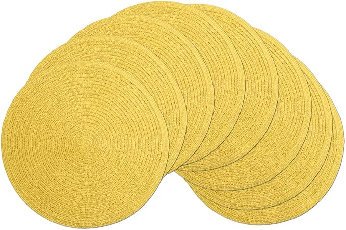 SHACOS Round Braided Placemats Set of 8 Washable Table Mats 15 inch Round Placemat Cotton Polyester Circle Placemat for Dining Table (Yellow, 8)