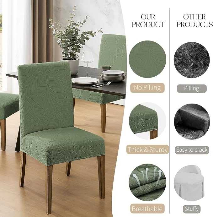 MOSAYT 100% Waterproof Dining Room Chair Covers Set of 4, Super Fit Stretch Jacquard Parson Chairs Slipcovers Removable Washable Chair Seat Protectors for Home, Kitchen, Banquet (Green - XL)