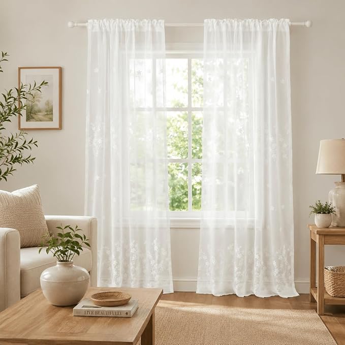 Semi-Sheer Elegant Embroidered Solid White Rod Pocket Window Curtains/Drape/Panels/Treatment 54 x 84,Two Panels