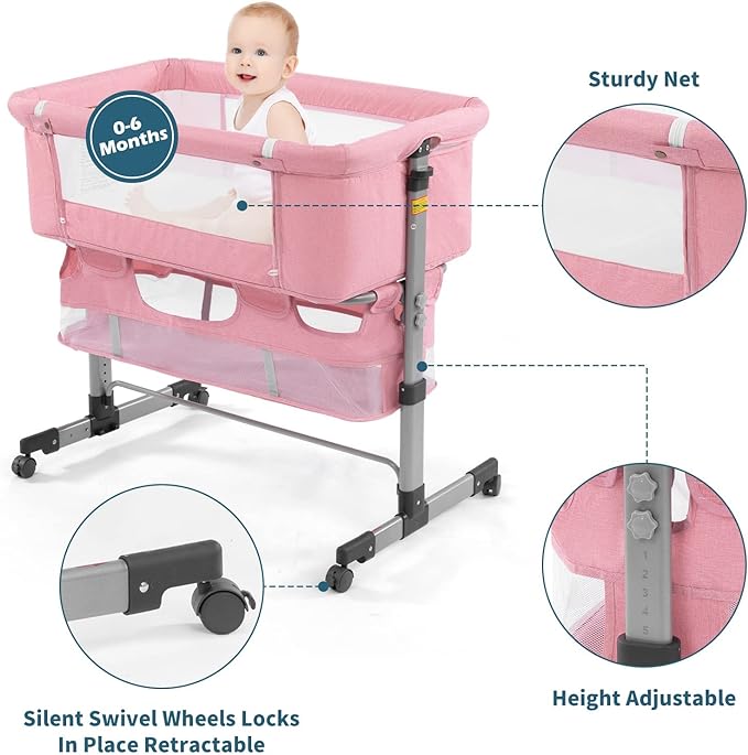 3 in 1 Travel Baby Crib,Baby Bed with Breathable Net,Adjustable Portable Bed for Infant/Baby with Detachable Mosquito net and Mattress,Pink