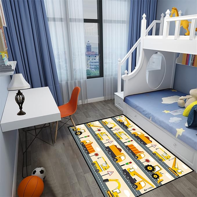 Construction Rug Car Rug Construction Rugs for Boys Room Cartoon Truck Area Rug Construction Play Mat Car Rug for Boys Room Construction Decor for Boys Room 5'×7'