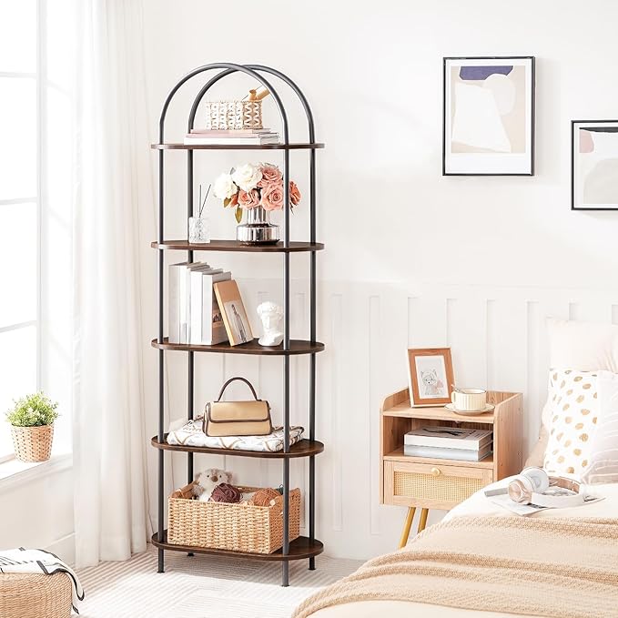 HOOBRO 5 Tier Open Bookshelf, Industrial Arched Bookcase Display Shelf Racks, Wooden Bookcase Storage Shelves Metal Frame, Tall Storage Organizer for Home, Easy Assembly, Rustic Brown BF176SJ01