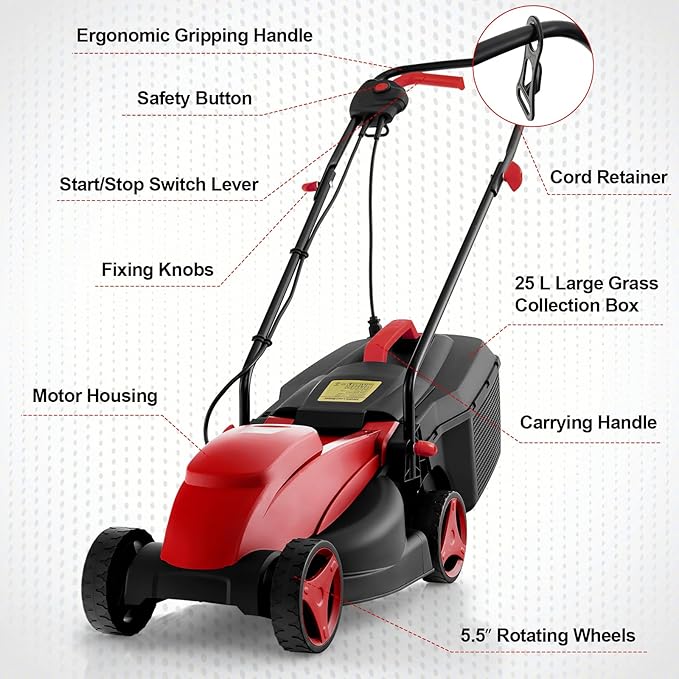 Electric Lawn Mower, 13" Corded Lawnmower with 10 Amp Copper Motor, 6.6-Gallon Grass Collection Box & 3-Position Heights, Push Lawn Mower Electric De-Thatcher for Garden & Farmyard (Red)