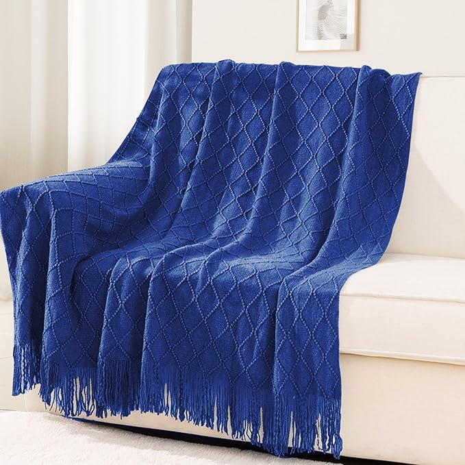 inhand Knit Klein Blue Throw Blanket for Couch, Soft Living Room Home Decor Knitted Twin Size Blanket, Outdoor Lightweight Breathable Summer Blanket, Farmhouse Warm Woven Decorative, 60"x80"