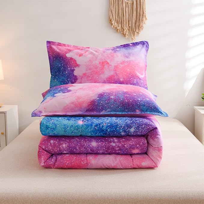 A Nice Night Galaxy Bedding Sets Outer Space Comforter 3D Printed Space Quilt Set Queen Size Glitter Pink Color,for Children Boy Girl Teen Kids