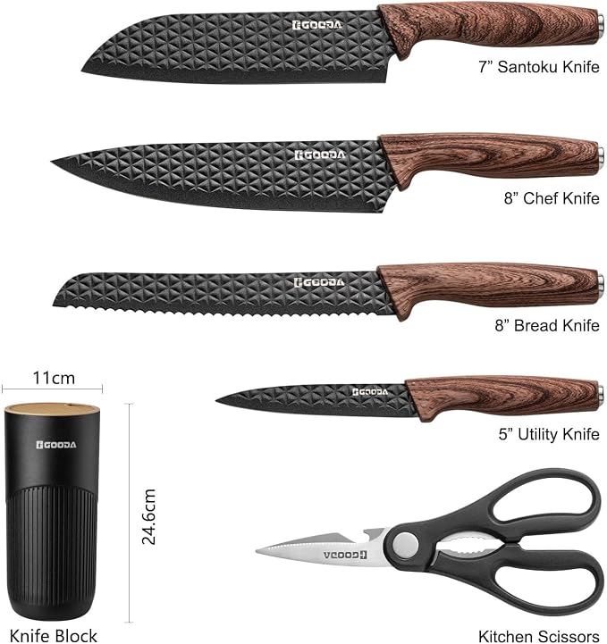 Kitchen Knife Set With Block,6-Piece Professional Chef Cooking Knives Set For Kitchen,Non-Stick Stainless Steel Knife Block Set