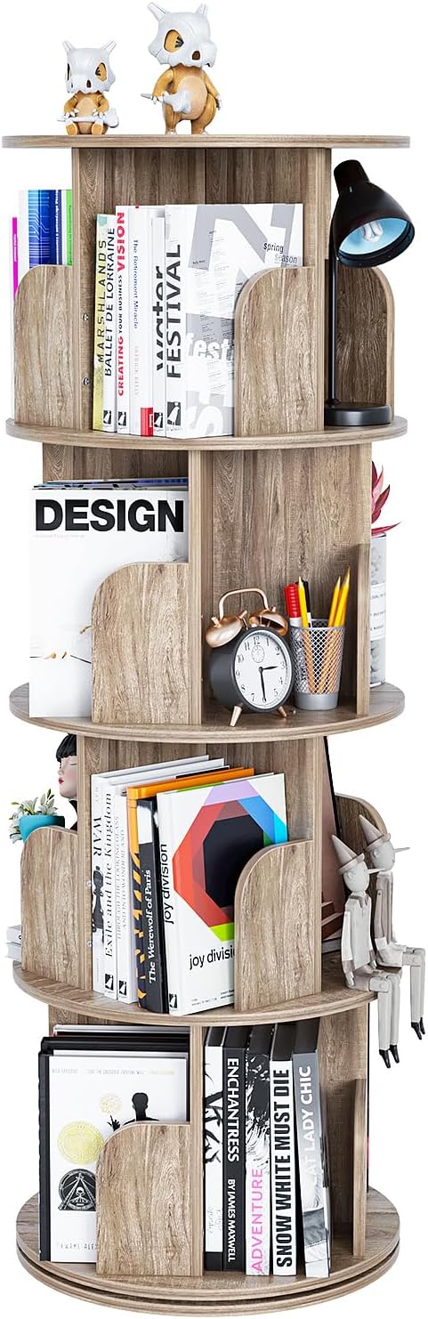 Nisorpa 4 Tier Rotating Bookshelf, 360° Revolving Bookcase Wood Rotating Stackable Shelves Floor-Standing Storage Display Rack Used in Bedrooms Living Rooms Study Office (52"x18"x18")