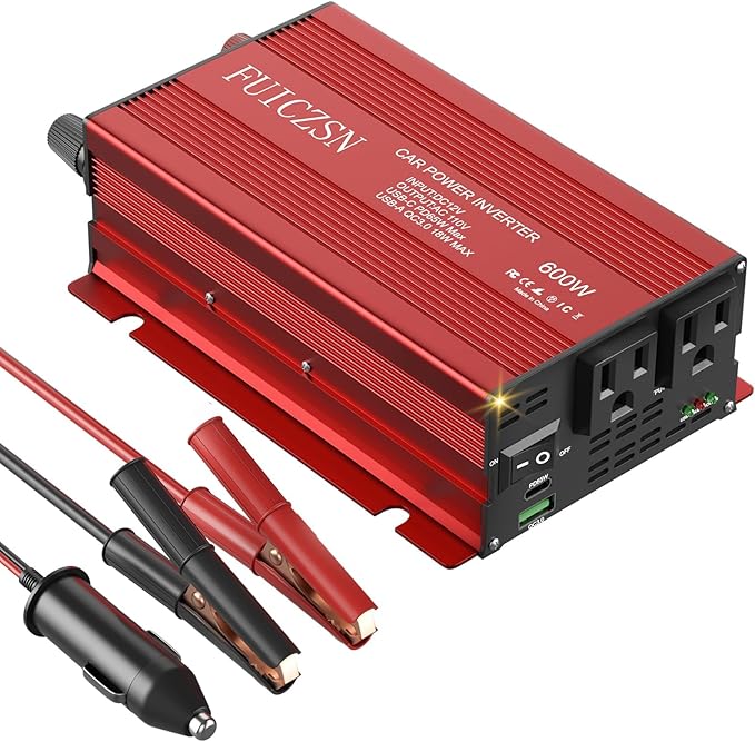 600W Car Power Inverter 12V DC to 110V AC Car Plug Adapter Outlet Converter with 2 AC Outlets and 65W PD USB-C & 18W QC USB-A Fast Charging Ports Power Inverters for Vehicles(Red)