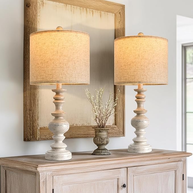 BOBOMOMO 24" Farmhouse Resin Table Lamp Set of 2, Vintage Lamps for Living Room Bedroom with Linen Shades, Traditional Rustic Bedside Lamps Retro Table Lamps for Living Room, Bedroom, Office