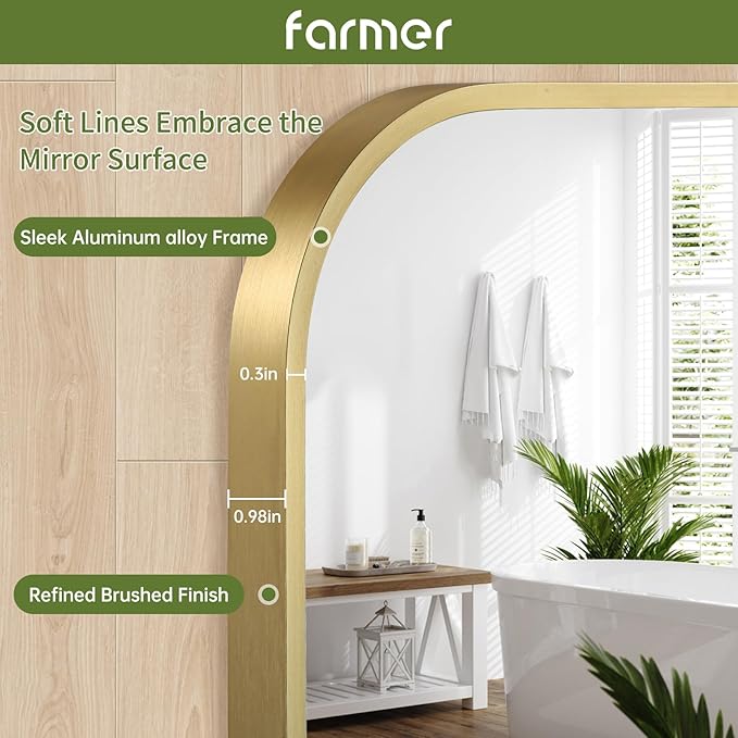 FARMER 26x38 Inch Gold Bathroom Mirror, Rectangle Vanity Mirror, Brushed Mirrors for Wall, Metal Frame Hanging Mirror with Round Corner for Bedrooms, Entryways, Living Rooms, Horizontal/Vertical
