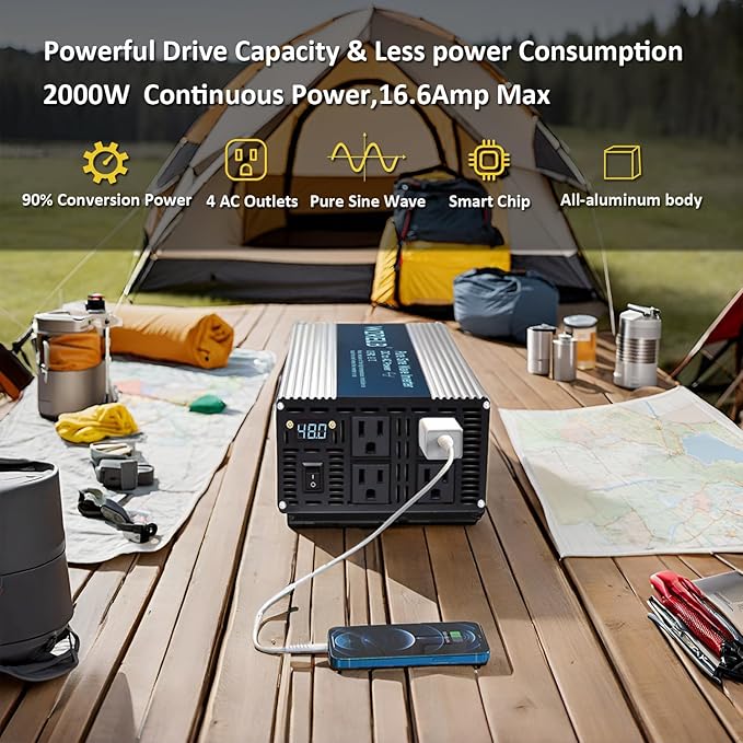 WZRELB 2000W Pure Sine Wave Inverter 48V DC to 110V 120V AC Power Converter with LED Display, Off-Grid Portable Power Inverter with 4 AC Outlets for Home, RV, Truck, Camping