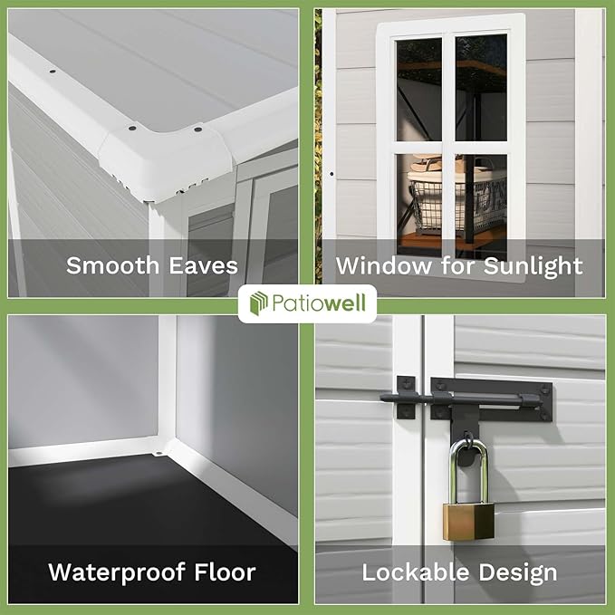 Patiowell 5x4 FT Outdoor Storage Shed, Resin Storage Shed with Floor & Lockable & Window Door for Patio Furniture, Garden Tools and Bicycle, White & Grey
