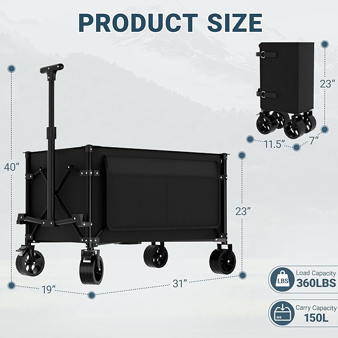 Favoyard Collapsible Wagon Carts Foldable 150L & 360LBS Folding Wagons w/All-Terrain Wheels & Brakes Portable Lightweight Utility Shopping Cart for Beach Grocery Sports Garden Camping Outdoor, Black