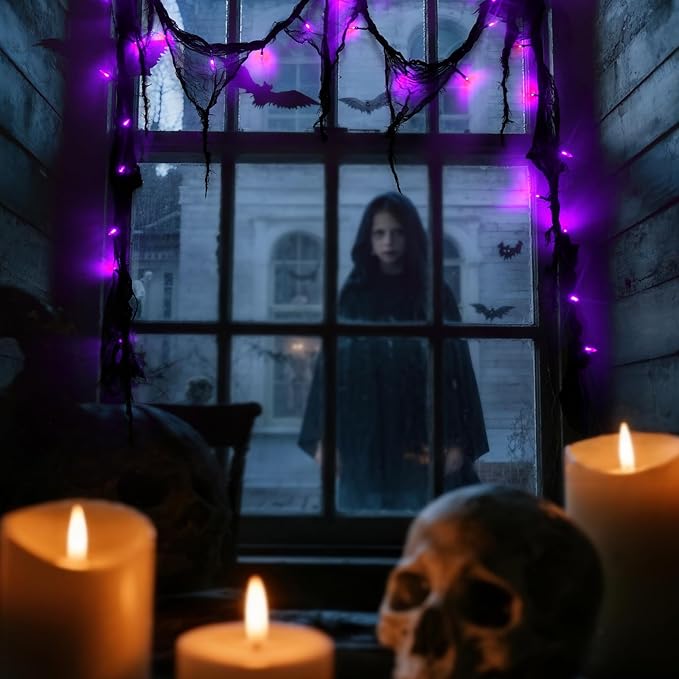 Halloween Horror Atmosphere Lights, Orange&Purple LED String Lights with 9.9FT Creepy Black Gauze, Battery Powered with Timer & 8 Flashing Modes (Purple)