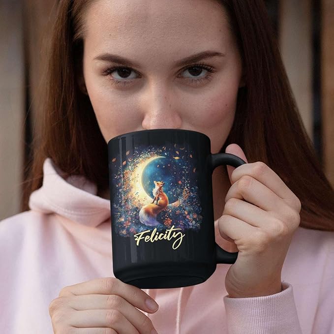 Personalized Name Ceramic Mug, Enchanted Forest Themed Decorative Cup, Custom Cute Fox With Crescent Moon Mug, Customized Floral Fox Coffee Cup 11oz 15oz, Animal Black Mug For Kids
