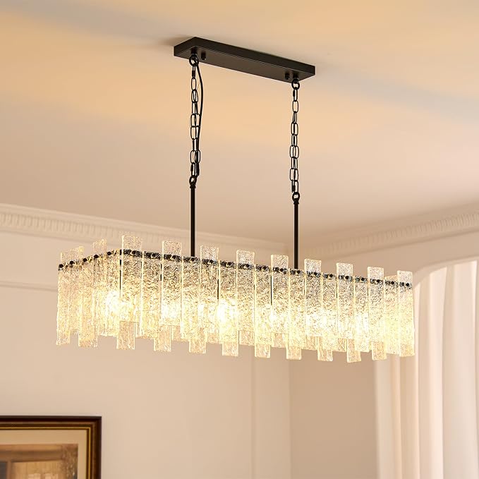 Modern Rectangle Black Crystal Chandeliers for Dining Room, L39" Large Rectangular Water Ripple Glass Island Light Fixture, 6-Lights Hanging Pendant Light for Kitchen Island, Living Room