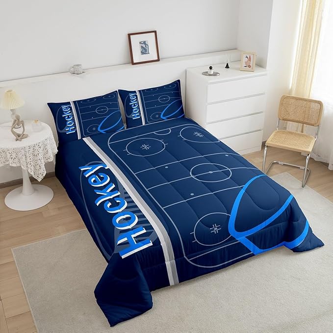 Feelyou Kids Ice Hockey Comforter Set Twin Size Ice Sports Games Bedding Set for Boys Girls Teens Bedroom Decor Hockey Player Comforter Puck Hockey Duvet Set with 1 Pillow Case