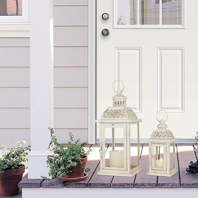 DECORKEY Large Lantern Decorative Outdoor & Indoor, Set of 2 (14’’&10’’) Metal Candle Lanterns Decor, Vintage Hanging Candle Holder for Front Porch Patio Wedding Farmhouse Home, Spring Decoration