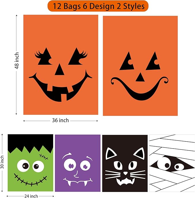 POPGIFTU 12 Pack Halloween Lawn Leaf Bags - Heavy Duty Plastic Trash Bags with Twist Ties, 6 Designs Large Pumpkin Yard Waste Bags for Garden, Lawn, Porch, Indoor Outdoor Halloween Decorations
