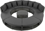 9-Pieces Outdoor Patio Furniture Set, Rattan Wicker Circular Sectional Sofa with Storage, Tempered Glass Table and 6 Pillows, Garden Lawn Half Moon Conversation Couch, Grey