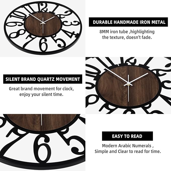 LEIKE 30" Oversized Large Wall Clocks,Silent,Non Ticking,Battery Operated Modern Round Big Wood Decorative Metal Wall Clock for Living Room, Bedroom,Kitchen,Farmhouse,Office Decor - Black,30 Inch