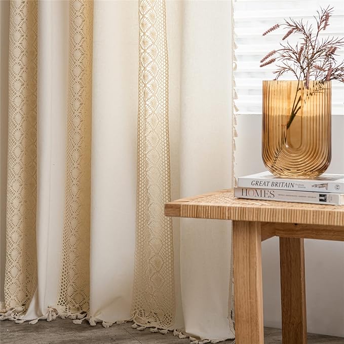 Sutuo Home Boho Curtain Crochet Dots Patchwork Semi-Blackout Bohemian Handmade Tassels, Rod Pocket Window Treatment Vintage Rustic Farmhouse Drapes for Living Bedroom, 1 Panel 59" W x 96" L, Beige