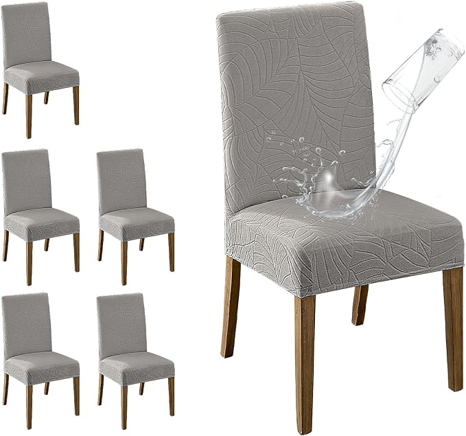 MOSAYT 100% Waterproof Dining Room Chair Covers Set of 6, Super Fit Stretch Jacquard Parson Chairs Slipcovers Removable Washable Chair Seat Protectors for Home, Kitchen, Banquet (Light Grey - XL)