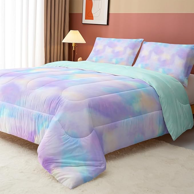 Axolotl Tie Dye Bedding Set Queen,Pink Blue Purple Comforter Set,Boho Psychedelic Bedding Colorful Tie Dye Pastel Comforter Set,Rainbow Bedding Set for Kids Girls Teens Women,1 Quilt 2 Pillowcases