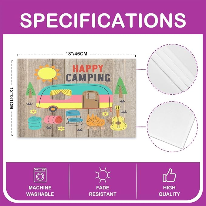 Feelyou Camper Placemat for Kitchen Dining Table 18"x12" Happy Camping Placemats Set of 4 Decor Rustic Wooden RV Camping Table Place Mats Cartoon Camping Car Indoor Outdoor Decor Table Mats