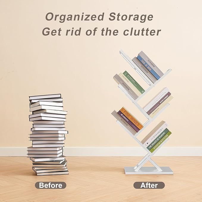 5 Tier Tree Bookshelf, Small Iron Corner Bookcase, Modern Book Shelf Storage Display Floor Standing Bookcase, Utility Organizer for CDs/Books/Home Office/Living/Bedroom Room- White
