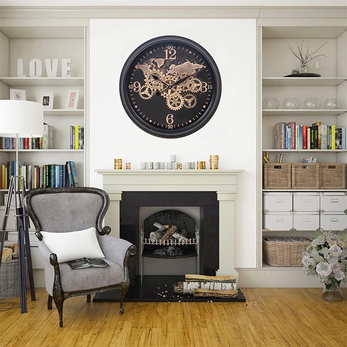 CLXEAST 24 Inch Moving Gear Wall Clock with World Map Pattern,Large Black Gold Metal Wall Clock for Modern Farmhouse Living Room Decor,Reloj De Pared para Sala