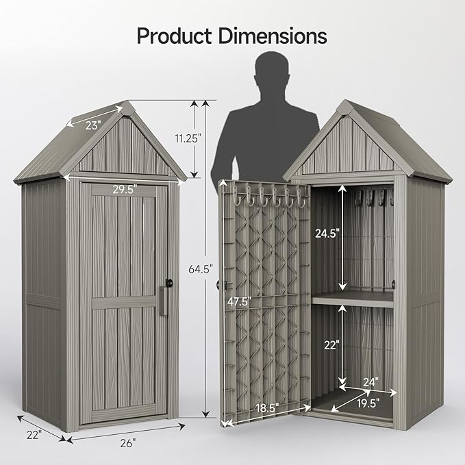 ONBRILL Multifunctional Storage Shed, Outdoor Storage Cabinet with Hooks and Lock Ring, Waterproof Outdoor Storage Shed for All Weather, Tool Outdoor Shed for Patio Lawn and Garden