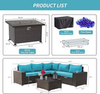 Kullavik 7 Pieces Outdoor Patio Furniture Set with 43" 55000BTU Gas Propane Fire Pit Table PE Wicker Rattan Sectional Sofa Patio Conversation Sets,Green Blue