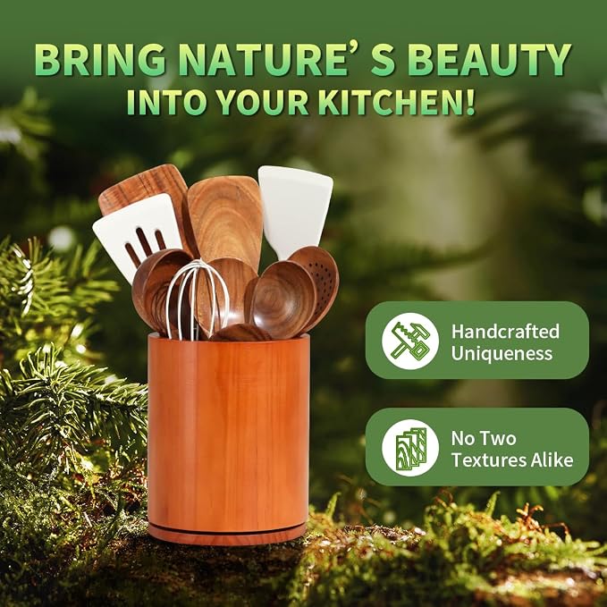 Wood Utensil Holder, 360° Rotating 7.3 in Kitchen Organizer | Rustic farmhouse countertop decor. 360° rotating base holds spatulas, ladles, tongs, and cooking tools. Rich cherry finish