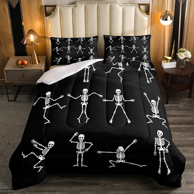 Erosebridal Sugar Skull Comforter Set Queen Size Skeleton Bones Bedding Set for Kids Boys Girls Teens Adult Halloween Horror Theme Down Comforter Gothic Spooky Duvet Sets with 2 Pillow Cases