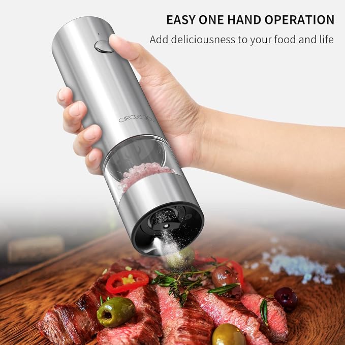CIRCLE JOY Electric Salt and Pepper Grinder Set Stainless Steel Spice Grinder Automatic Pepper Mills with Easy-to-Carry Dual Charging Station, White Led Light, and Adjustable Coarseness, Silver
