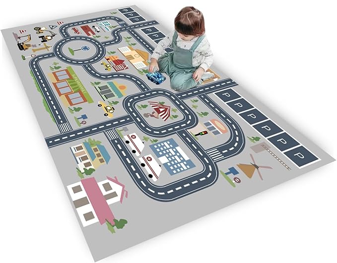 kid rug carpet playmat for toy cars and trains,road traffic kids play area rug,city Life town play Mat for Playroom Bedroom Boys,Children's Educational Fun Throw Rug with Rubber Backing 79X118IN