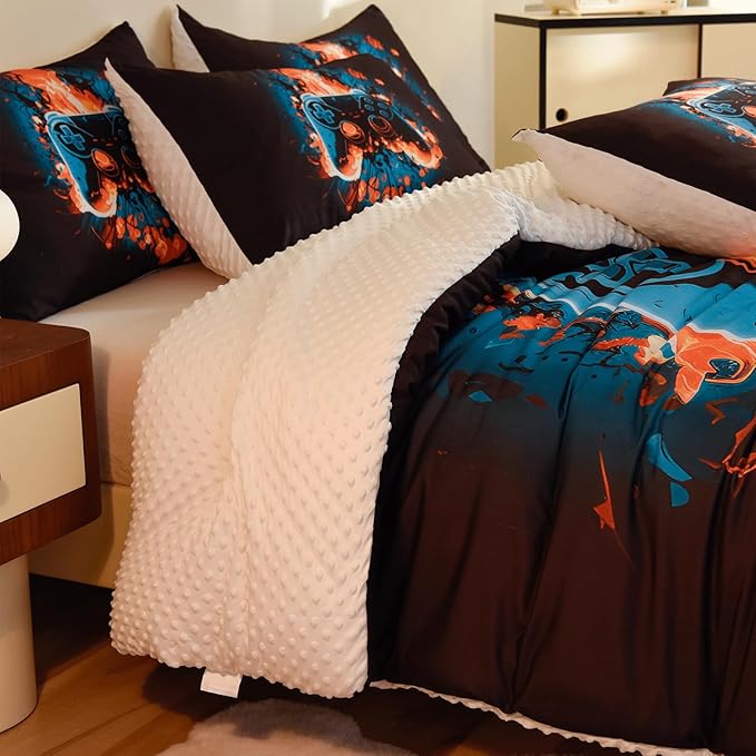 Video Game Queen Size Comforter Set for Boys Kids Teens Gamepad Gaming Controller and Fire Pattern Bedding Set- 3 Piece Quilt with 2 Pillowcases (90"x90")