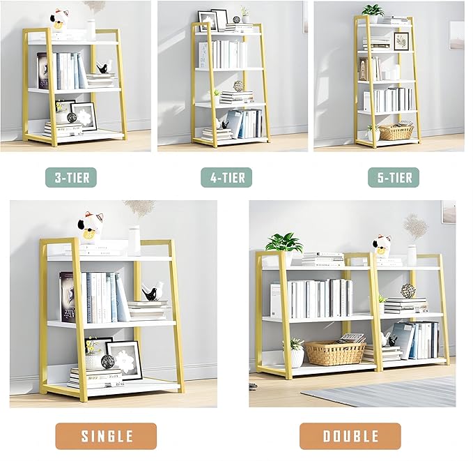 IOTXY 3 Tier Open Bookshelf - Steel and Wood Display Stand, 50CM Width Floor-Standing Bookcase, Gold