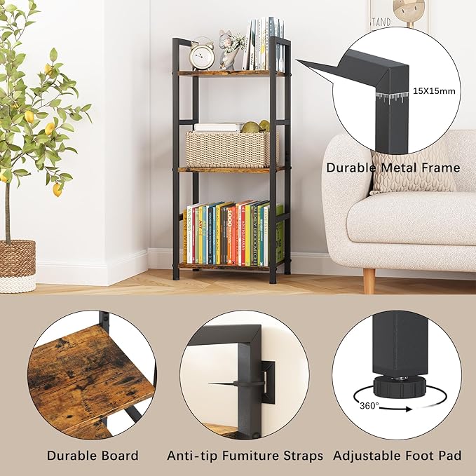 Bookshelf Storage Shelf Bookcase, 3 Tier Industrial Bookcase,Small Book case for Living Room, Bedroom, and Home Office, Easy Assembly Free Combination Multi-Functional Organizer(3 Tier,Rustic Brown)