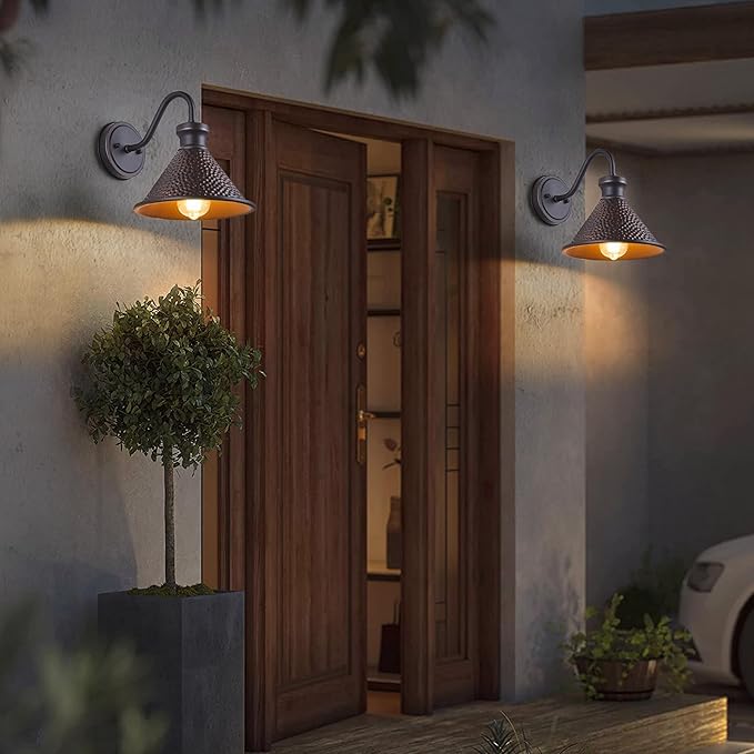 Gooseneck Outdoor Wall Light Fixtures, 2-Pack Farmhouse Barn Lights for Porch, Industrial Oil-Rubbed Bronze Exterior Wall Sconce for Garage, Patio, E26 Base Anti-Rust, Bulb not Included