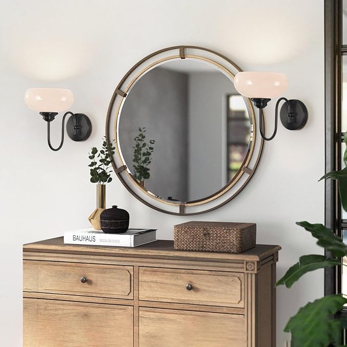 Modern Matte Black Wall Sconce Farmhouse 7.9" Milk White Glass Globe Wall Lamp for Industrial Style Hard-Wired Semi Flush Mount Wall Light Fixture for Stairway, Hallway, Bedroom