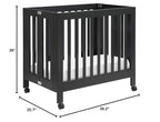 Babyletto Origami Mini Portable Folding Crib with Wheels in Black, 2 Adjustable Mattress Positions, Greenguard Gold Certified